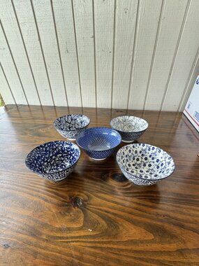 Selamica Blue and White Ceramic Bowls Set of 5 Assorted Patterns